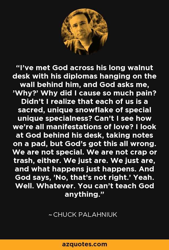 I've met God across his long walnut desk with his diplomas hanging on the wall behind him, and God asks me, 'Why?' Why did I cause so much pain? Didn't I realize that each of us is a sacred, unique snowflake of special unique specialness? Can't I see how we're all manifestations of love? I look at God behind his desk, taking notes on a pad, but God's got this all wrong. We are not special. We are not crap or trash, either. We just are. We just are, and what happens just happens. And God says, 'No, that's not right.' Yeah. Well. Whatever. You can't teach God anything. - Chuck Palahniuk