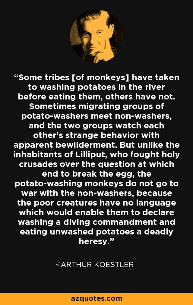 Some tribes [of monkeys] have taken to washing potatoes in the river before eating them, others have not. Sometimes migrating groups of potato-washers meet non-washers, and the two groups watch each other's strange behavior with apparent bewilderment. But unlike the inhabitants of Lilliput, who fought holy crusades over the question at which end to break the egg, the potato-washing monkeys do not go to war with the non-washers, because the poor creatures have no language which would enable them to declare washing a diving commandment and eating unwashed potatoes a deadly heresy. - Arthur Koestler