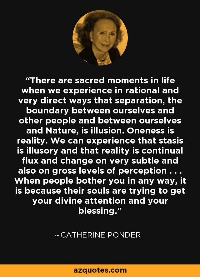 There are sacred moments in life when we experience in rational and very direct ways that separation, the boundary between ourselves and other people and between ourselves and Nature, is illusion. Oneness is reality. We can experience that stasis is illusory and that reality is continual flux and change on very subtle and also on gross levels of perception . . . When people bother you in any way, it is because their souls are trying to get your divine attention and your blessing. - Catherine Ponder