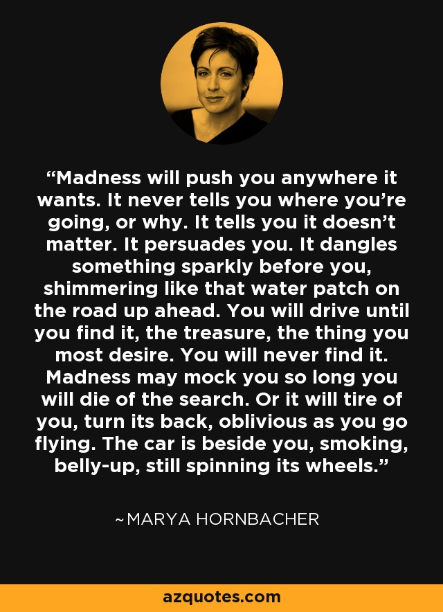 Madness will push you anywhere it wants. It never tells you where you're going, or why. It tells you it doesn't matter. It persuades you. It dangles something sparkly before you, shimmering like that water patch on the road up ahead. You will drive until you find it, the treasure, the thing you most desire. You will never find it. Madness may mock you so long you will die of the search. Or it will tire of you, turn its back, oblivious as you go flying. The car is beside you, smoking, belly-up, still spinning its wheels. - Marya Hornbacher