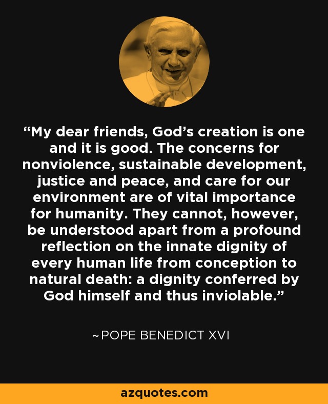 My dear friends, God’s creation is one and it is good. The concerns for nonviolence, sustainable development, justice and peace, and care for our environment are of vital importance for humanity. They cannot, however, be understood apart from a profound reflection on the innate dignity of every human life from conception to natural death: a dignity conferred by God himself and thus inviolable. - Pope Benedict XVI