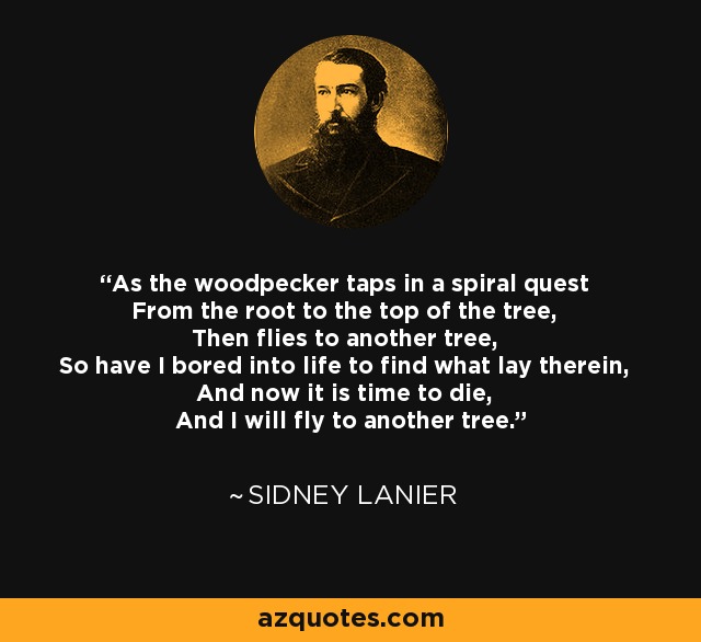 As the woodpecker taps in a spiral quest From the root to the top of the tree, Then flies to another tree, So have I bored into life to find what lay therein, And now it is time to die, And I will fly to another tree. - Sidney Lanier