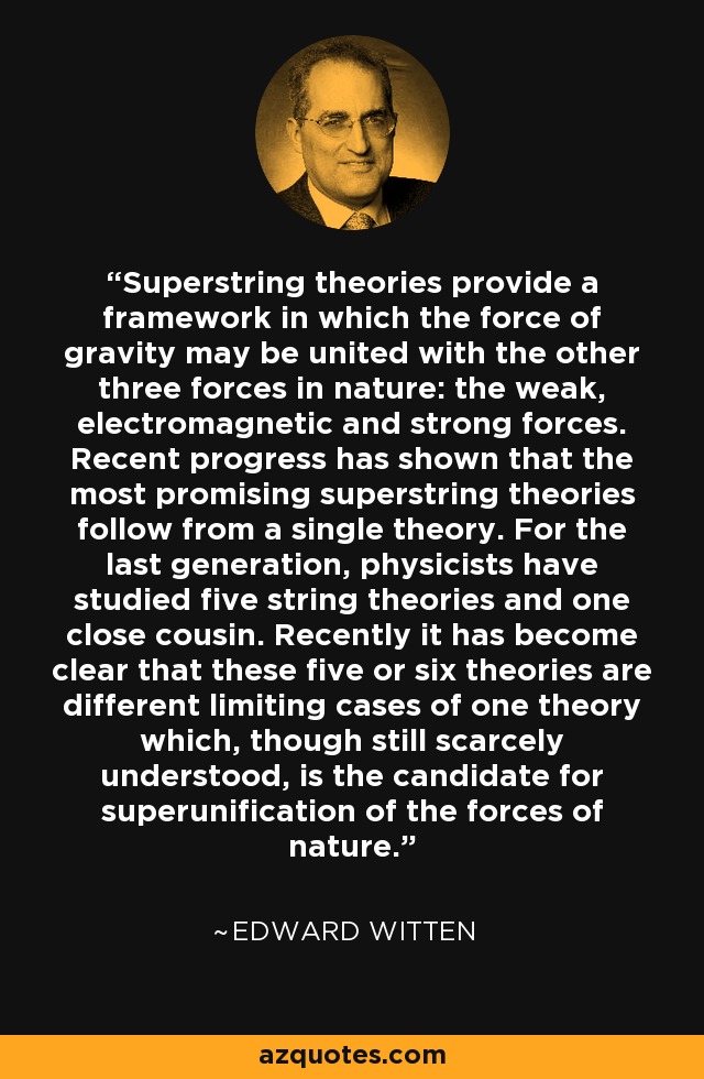 Superstring theories provide a framework in which the force of gravity may be united with the other three forces in nature: the weak, electromagnetic and strong forces. Recent progress has shown that the most promising superstring theories follow from a single theory. For the last generation, physicists have studied five string theories and one close cousin. Recently it has become clear that these five or six theories are different limiting cases of one theory which, though still scarcely understood, is the candidate for superunification of the forces of nature. - Edward Witten
