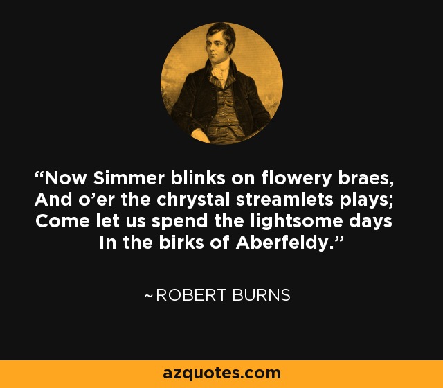 Now Simmer blinks on flowery braes, And o'er the chrystal streamlets plays; Come let us spend the lightsome days In the birks of Aberfeldy. - Robert Burns