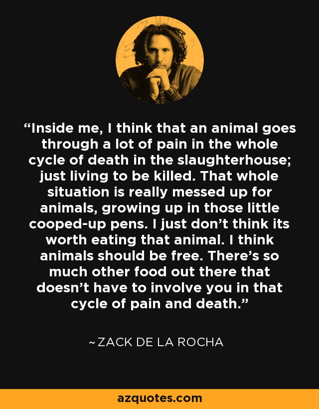 Inside me, I think that an animal goes through a lot of pain in the whole cycle of death in the slaughterhouse; just living to be killed. That whole situation is really messed up for animals, growing up in those little cooped-up pens. I just don't think its worth eating that animal. I think animals should be free. There's so much other food out there that doesn't have to involve you in that cycle of pain and death. - Zack de la Rocha