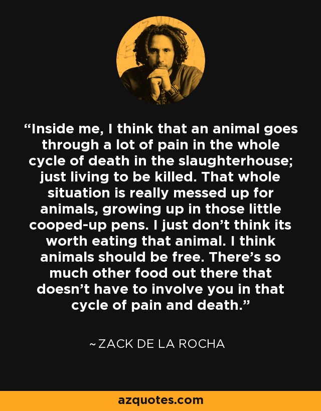 Inside me, I think that an animal goes through a lot of pain in the whole cycle of death in the slaughterhouse; just living to be killed. That whole situation is really messed up for animals, growing up in those little cooped-up pens. I just don't think its worth eating that animal. I think animals should be free. There's so much other food out there that doesn't have to involve you in that cycle of pain and death. - Zack de la Rocha