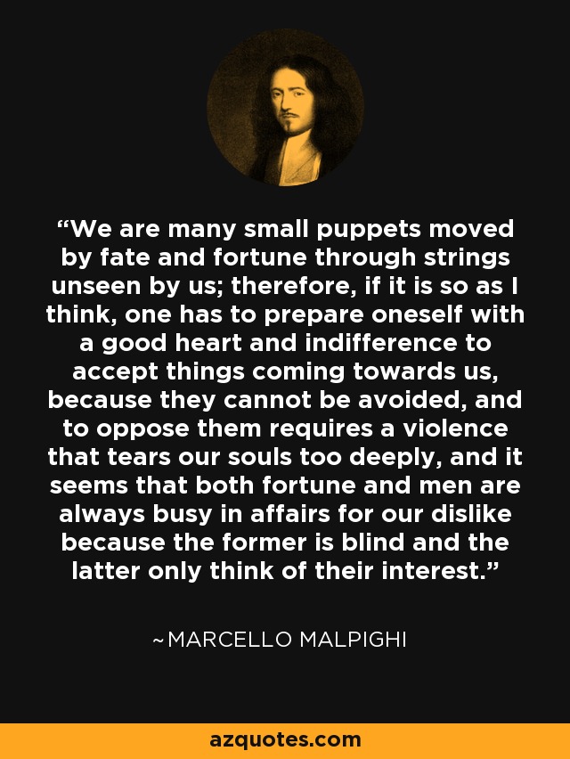 We are many small puppets moved by fate and fortune through strings unseen by us; therefore, if it is so as I think, one has to prepare oneself with a good heart and indifference to accept things coming towards us, because they cannot be avoided, and to oppose them requires a violence that tears our souls too deeply, and it seems that both fortune and men are always busy in affairs for our dislike because the former is blind and the latter only think of their interest. - Marcello Malpighi