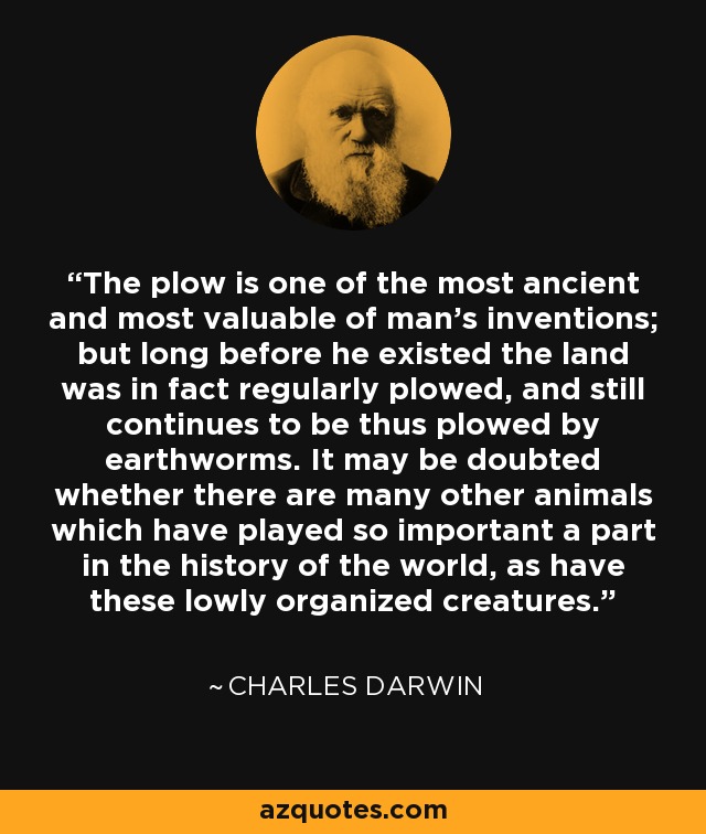 The plow is one of the most ancient and most valuable of man's inventions; but long before he existed the land was in fact regularly plowed, and still continues to be thus plowed by earthworms. It may be doubted whether there are many other animals which have played so important a part in the history of the world, as have these lowly organized creatures. - Charles Darwin