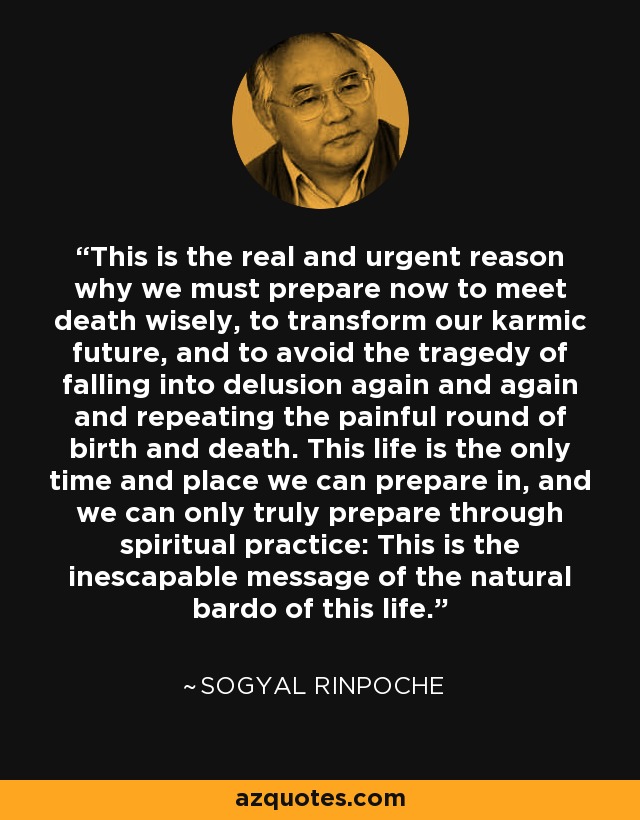 This is the real and urgent reason why we must prepare now to meet death wisely, to transform our karmic future, and to avoid the tragedy of falling into delusion again and again and repeating the painful round of birth and death. This life is the only time and place we can prepare in, and we can only truly prepare through spiritual practice: This is the inescapable message of the natural bardo of this life. - Sogyal Rinpoche