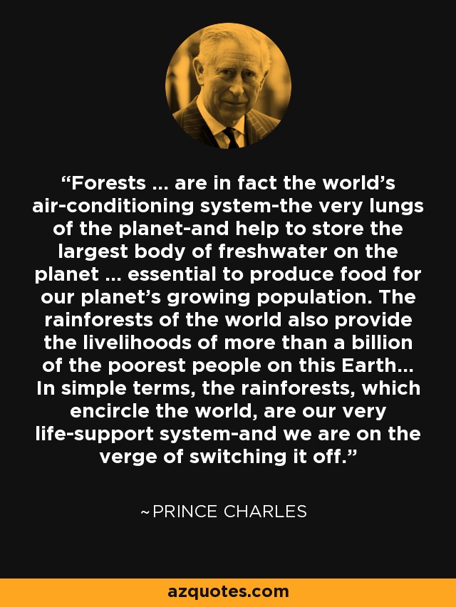 Forests ... are in fact the world's air-conditioning system-the very lungs of the planet-and help to store the largest body of freshwater on the planet ... essential to produce food for our planet's growing population. The rainforests of the world also provide the livelihoods of more than a billion of the poorest people on this Earth... In simple terms, the rainforests, which encircle the world, are our very life-support system-and we are on the verge of switching it off. - Prince Charles