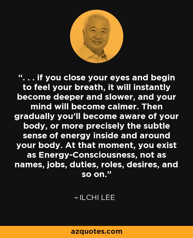 . . . if you close your eyes and begin to feel your breath, it will instantly become deeper and slower, and your mind will become calmer. Then gradually you'll become aware of your body, or more precisely the subtle sense of energy inside and around your body. At that moment, you exist as Energy-Consciousness, not as names, jobs, duties, roles, desires, and so on. - Ilchi Lee