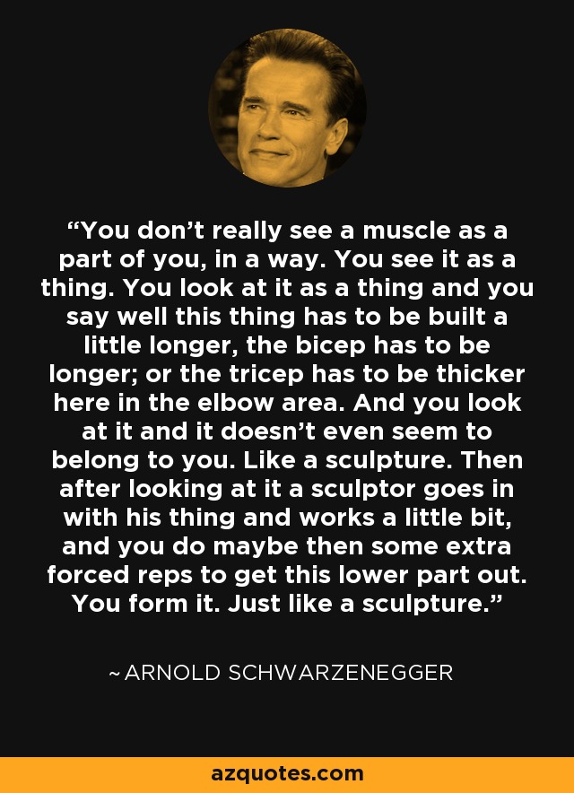 You don't really see a muscle as a part of you, in a way. You see it as a thing. You look at it as a thing and you say well this thing has to be built a little longer, the bicep has to be longer; or the tricep has to be thicker here in the elbow area. And you look at it and it doesn't even seem to belong to you. Like a sculpture. Then after looking at it a sculptor goes in with his thing and works a little bit, and you do maybe then some extra forced reps to get this lower part out. You form it. Just like a sculpture. - Arnold Schwarzenegger