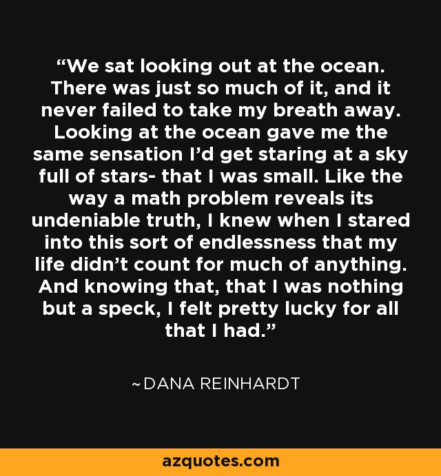 We sat looking out at the ocean. There was just so much of it, and it never failed to take my breath away. Looking at the ocean gave me the same sensation I'd get staring at a sky full of stars- that I was small. Like the way a math problem reveals its undeniable truth, I knew when I stared into this sort of endlessness that my life didn't count for much of anything. And knowing that, that I was nothing but a speck, I felt pretty lucky for all that I had. - Dana Reinhardt