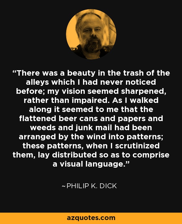 There was a beauty in the trash of the alleys which I had never noticed before; my vision seemed sharpened, rather than impaired. As I walked along it seemed to me that the flattened beer cans and papers and weeds and junk mail had been arranged by the wind into patterns; these patterns, when I scrutinized them, lay distributed so as to comprise a visual language. - Philip K. Dick