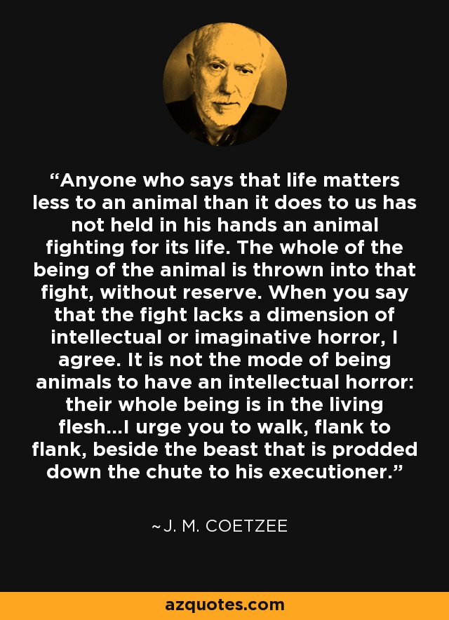 Anyone who says that life matters less to an animal than it does to us has not held in his hands an animal fighting for its life. The whole of the being of the animal is thrown into that fight, without reserve. When you say that the fight lacks a dimension of intellectual or imaginative horror, I agree. It is not the mode of being animals to have an intellectual horror: their whole being is in the living flesh...I urge you to walk, flank to flank, beside the beast that is prodded down the chute to his executioner. - J. M. Coetzee