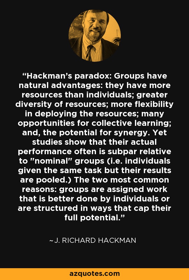 Hackman's paradox: Groups have natural advantages: they have more resources than individuals; greater diversity of resources; more flexibility in deploying the resources; many opportunities for collective learning; and, the potential for synergy. Yet studies show that their actual performance often is subpar relative to 