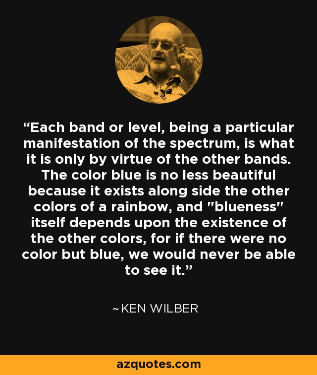 Each band or level, being a particular manifestation of the spectrum, is what it is only by virtue of the other bands. The color blue is no less beautiful because it exists along side the other colors of a rainbow, and 