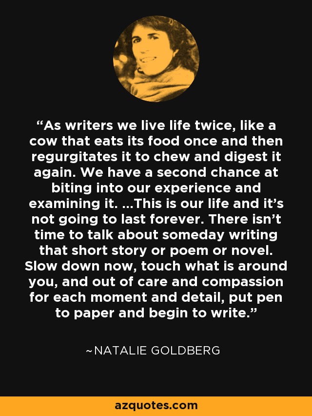 As writers we live life twice, like a cow that eats its food once and then regurgitates it to chew and digest it again. We have a second chance at biting into our experience and examining it. ...This is our life and it's not going to last forever. There isn't time to talk about someday writing that short story or poem or novel. Slow down now, touch what is around you, and out of care and compassion for each moment and detail, put pen to paper and begin to write. - Natalie Goldberg