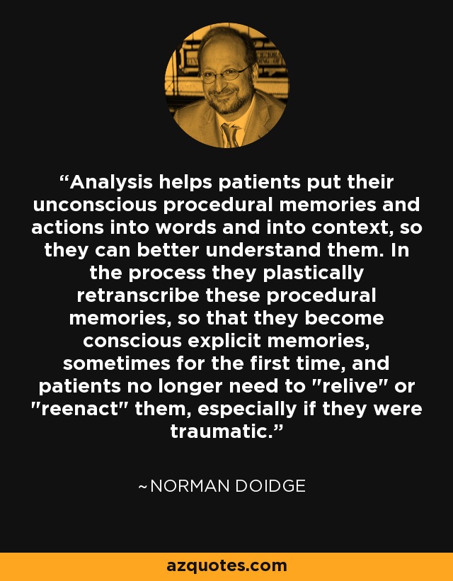 Analysis helps patients put their unconscious procedural memories and actions into words and into context, so they can better understand them. In the process they plastically retranscribe these procedural memories, so that they become conscious explicit memories, sometimes for the first time, and patients no longer need to 