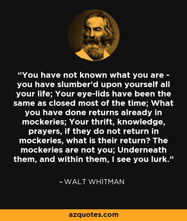 You have not known what you are - you have slumber'd upon yourself all your life; Your eye-lids have been the same as closed most of the time; What you have done returns already in mockeries; Your thrift, knowledge, prayers, if they do not return in mockeries, what is their return? The mockeries are not you; Underneath them, and within them, I see you lurk. - Walt Whitman