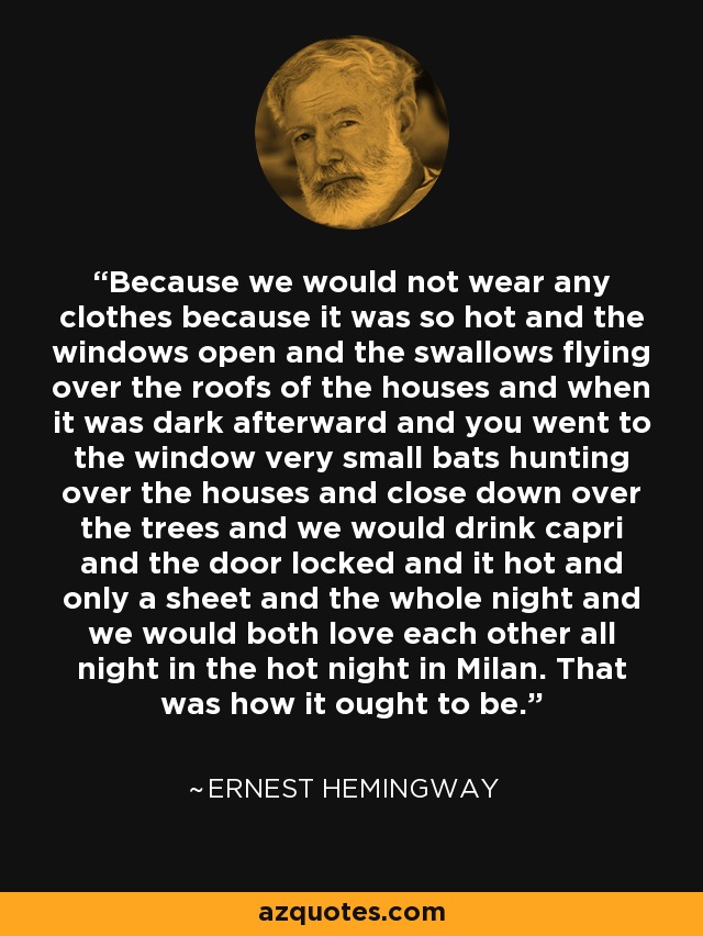 Because we would not wear any clothes because it was so hot and the windows open and the swallows flying over the roofs of the houses and when it was dark afterward and you went to the window very small bats hunting over the houses and close down over the trees and we would drink capri and the door locked and it hot and only a sheet and the whole night and we would both love each other all night in the hot night in Milan. That was how it ought to be. - Ernest Hemingway