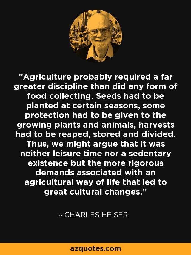 Agriculture probably required a far greater discipline than did any form of food collecting. Seeds had to be planted at certain seasons, some protection had to be given to the growing plants and animals, harvests had to be reaped, stored and divided. Thus, we might argue that it was neither leisure time nor a sedentary existence but the more rigorous demands associated with an agricultural way of life that led to great cultural changes. - Charles Heiser