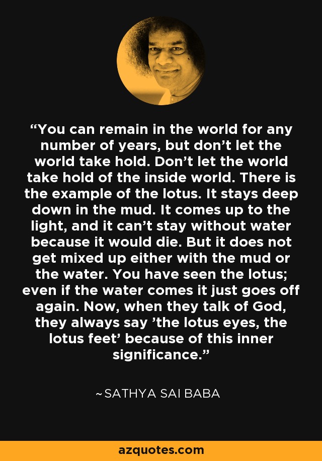 You can remain in the world for any number of years, but don't let the world take hold. Don't let the world take hold of the inside world. There is the example of the lotus. It stays deep down in the mud. It comes up to the light, and it can't stay without water because it would die. But it does not get mixed up either with the mud or the water. You have seen the lotus; even if the water comes it just goes off again. Now, when they talk of God, they always say 'the lotus eyes, the lotus feet' because of this inner significance. - Sathya Sai Baba