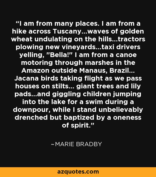 I am from many places. I am from a hike across Tuscany...waves of golden wheat undulating on the hills...tractors plowing new vineyards...taxi drivers yelling, 