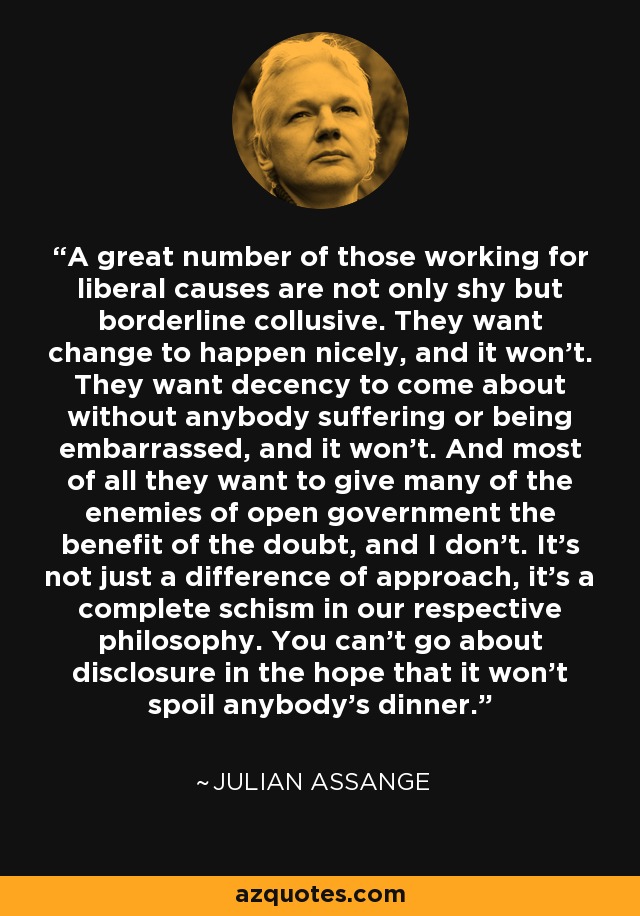 A great number of those working for liberal causes are not only shy but borderline collusive. They want change to happen nicely, and it won't. They want decency to come about without anybody suffering or being embarrassed, and it won't. And most of all they want to give many of the enemies of open government the benefit of the doubt, and I don't. It's not just a difference of approach, it's a complete schism in our respective philosophy. You can't go about disclosure in the hope that it won't spoil anybody's dinner. - Julian Assange