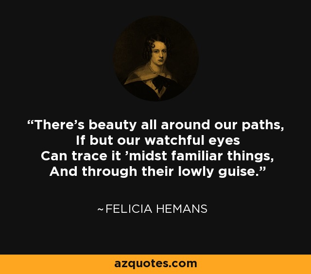 There’s beauty all around our paths, If but our watchful eyes Can trace it ’midst familiar things, And through their lowly guise. - Felicia Hemans