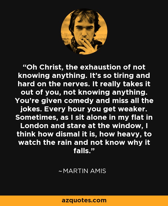 Oh Christ, the exhaustion of not knowing anything. It's so tiring and hard on the nerves. It really takes it out of you, not knowing anything. You're given comedy and miss all the jokes. Every hour you get weaker. Sometimes, as I sit alone in my flat in London and stare at the window, I think how dismal it is, how heavy, to watch the rain and not know why it falls. - Martin Amis