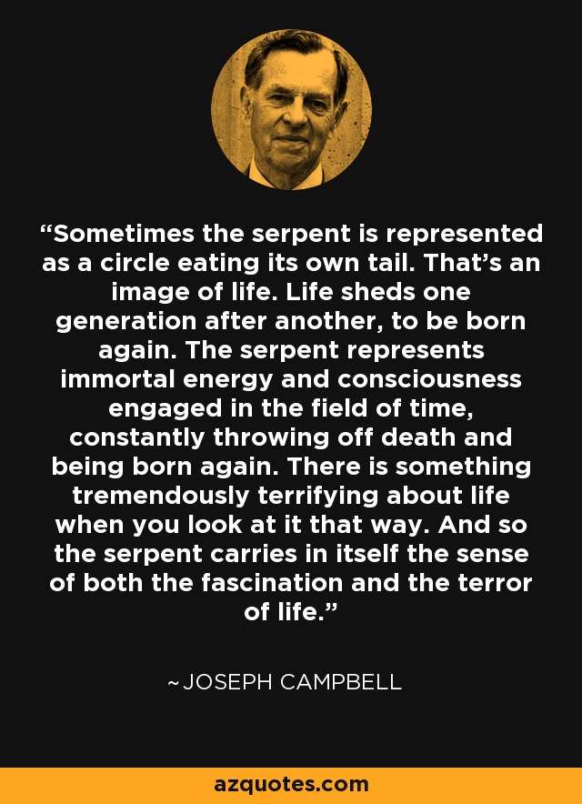 Sometimes the serpent is represented as a circle eating its own tail. That’s an image of life. Life sheds one generation after another, to be born again. The serpent represents immortal energy and consciousness engaged in the field of time, constantly throwing off death and being born again. There is something tremendously terrifying about life when you look at it that way. And so the serpent carries in itself the sense of both the fascination and the terror of life. - Joseph Campbell