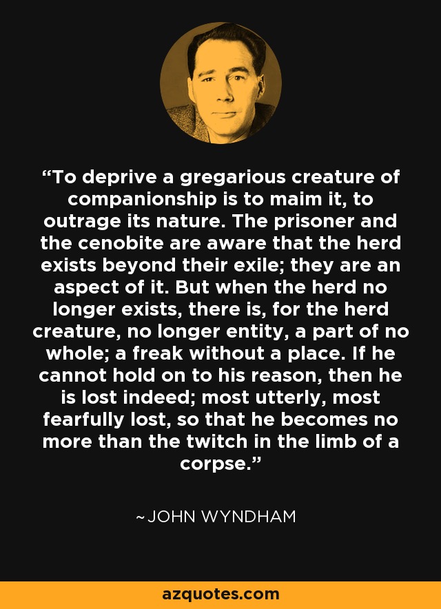 To deprive a gregarious creature of companionship is to maim it, to outrage its nature. The prisoner and the cenobite are aware that the herd exists beyond their exile; they are an aspect of it. But when the herd no longer exists, there is, for the herd creature, no longer entity, a part of no whole; a freak without a place. If he cannot hold on to his reason, then he is lost indeed; most utterly, most fearfully lost, so that he becomes no more than the twitch in the limb of a corpse. - John Wyndham