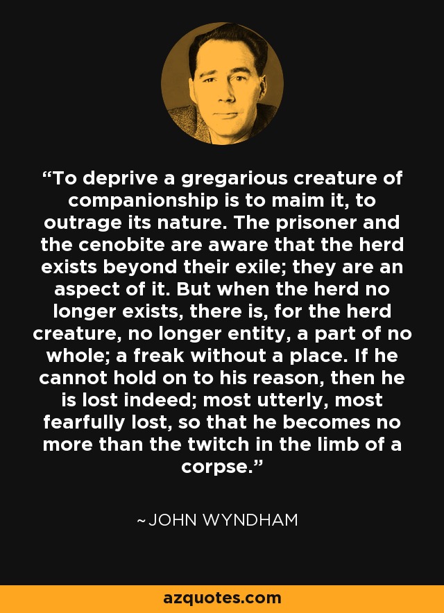 To deprive a gregarious creature of companionship is to maim it, to outrage its nature. The prisoner and the cenobite are aware that the herd exists beyond their exile; they are an aspect of it. But when the herd no longer exists, there is, for the herd creature, no longer entity, a part of no whole; a freak without a place. If he cannot hold on to his reason, then he is lost indeed; most utterly, most fearfully lost, so that he becomes no more than the twitch in the limb of a corpse. - John Wyndham