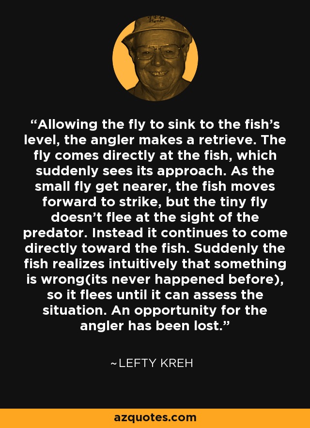 Allowing the fly to sink to the fish's level, the angler makes a retrieve. The fly comes directly at the fish, which suddenly sees its approach. As the small fly get nearer, the fish moves forward to strike, but the tiny fly doesn't flee at the sight of the predator. Instead it continues to come directly toward the fish. Suddenly the fish realizes intuitively that something is wrong(its never happened before), so it flees until it can assess the situation. An opportunity for the angler has been lost. - Lefty Kreh
