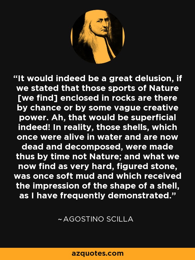 It would indeed be a great delusion, if we stated that those sports of Nature [we find] enclosed in rocks are there by chance or by some vague creative power. Ah, that would be superficial indeed! In reality, those shells, which once were alive in water and are now dead and decomposed, were made thus by time not Nature; and what we now find as very hard, figured stone, was once soft mud and which received the impression of the shape of a shell, as I have frequently demonstrated. - Agostino Scilla