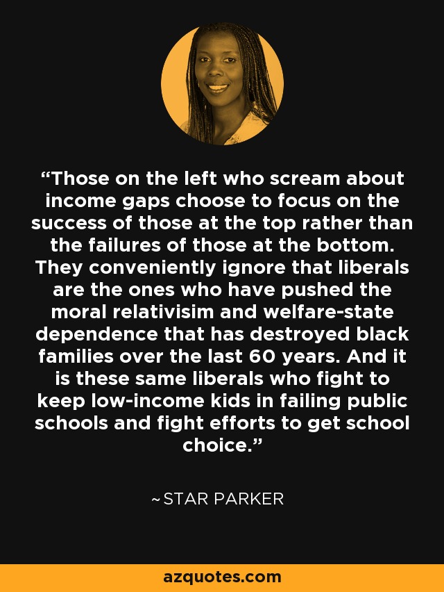 Those on the left who scream about income gaps choose to focus on the success of those at the top rather than the failures of those at the bottom. They conveniently ignore that liberals are the ones who have pushed the moral relativisim and welfare-state dependence that has destroyed black families over the last 60 years. And it is these same liberals who fight to keep low-income kids in failing public schools and fight efforts to get school choice. - Star Parker