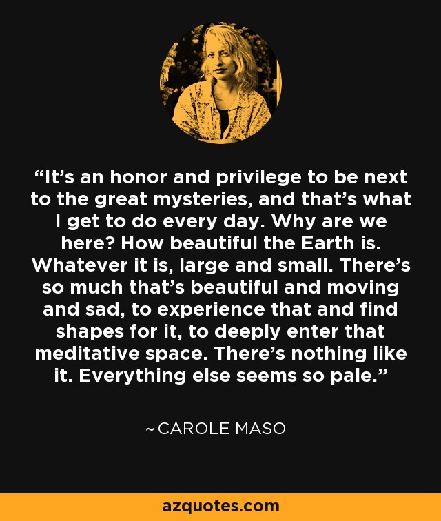 It's an honor and privilege to be next to the great mysteries, and that's what I get to do every day. Why are we here? How beautiful the Earth is. Whatever it is, large and small. There's so much that's beautiful and moving and sad, to experience that and find shapes for it, to deeply enter that meditative space. There's nothing like it. Everything else seems so pale. - Carole Maso