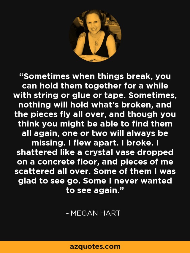 Sometimes when things break, you can hold them together for a while with string or glue or tape. Sometimes, nothing will hold what’s broken, and the pieces fly all over, and though you think you might be able to find them all again, one or two will always be missing. I flew apart. I broke. I shattered like a crystal vase dropped on a concrete floor, and pieces of me scattered all over. Some of them I was glad to see go. Some I never wanted to see again. - Megan Hart