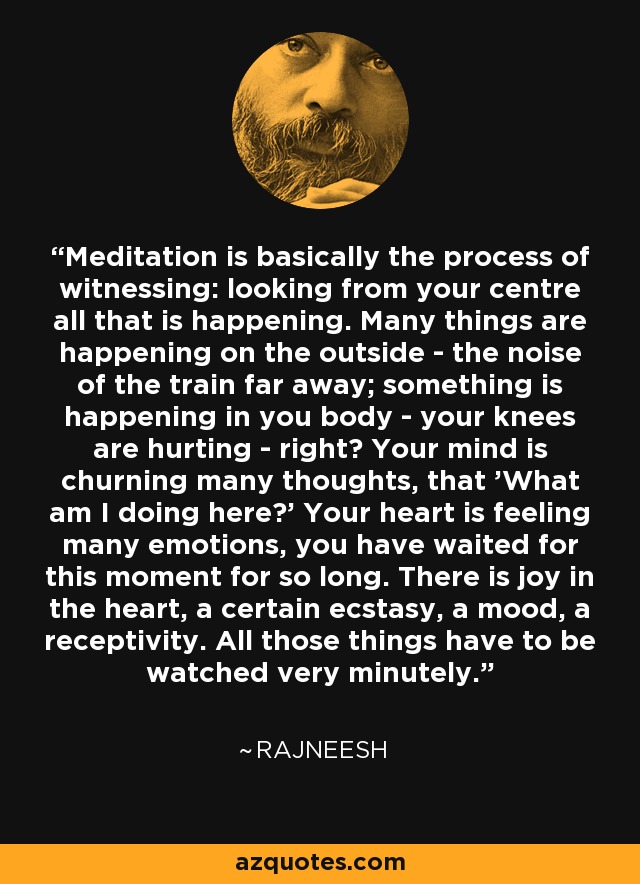 Meditation is basically the process of witnessing: looking from your centre all that is happening. Many things are happening on the outside - the noise of the train far away; something is happening in you body - your knees are hurting - right? Your mind is churning many thoughts, that 'What am I doing here?' Your heart is feeling many emotions, you have waited for this moment for so long. There is joy in the heart, a certain ecstasy, a mood, a receptivity. All those things have to be watched very minutely. - Rajneesh