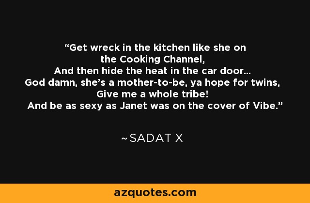 Get wreck in the kitchen like she on the Cooking Channel, And then hide the heat in the car door... God damn, she's a mother-to-be, ya hope for twins, Give me a whole tribe! And be as sexy as Janet was on the cover of Vibe. - Sadat X