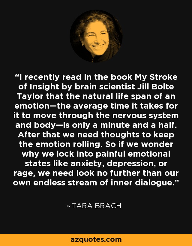 I recently read in the book My Stroke of Insight by brain scientist Jill Bolte Taylor that the natural life span of an emotion—the average time it takes for it to move through the nervous system and body—is only a minute and a half. After that we need thoughts to keep the emotion rolling. So if we wonder why we lock into painful emotional states like anxiety, depression, or rage, we need look no further than our own endless stream of inner dialogue. - Tara Brach