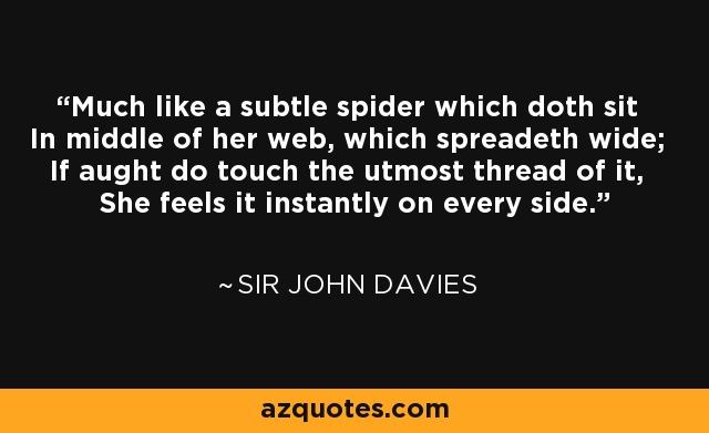Much like a subtle spider which doth sit In middle of her web, which spreadeth wide; If aught do touch the utmost thread of it, She feels it instantly on every side. - Sir John Davies