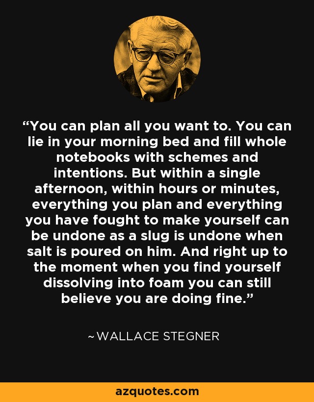 You can plan all you want to. You can lie in your morning bed and fill whole notebooks with schemes and intentions. But within a single afternoon, within hours or minutes, everything you plan and everything you have fought to make yourself can be undone as a slug is undone when salt is poured on him. And right up to the moment when you find yourself dissolving into foam you can still believe you are doing fine. - Wallace Stegner