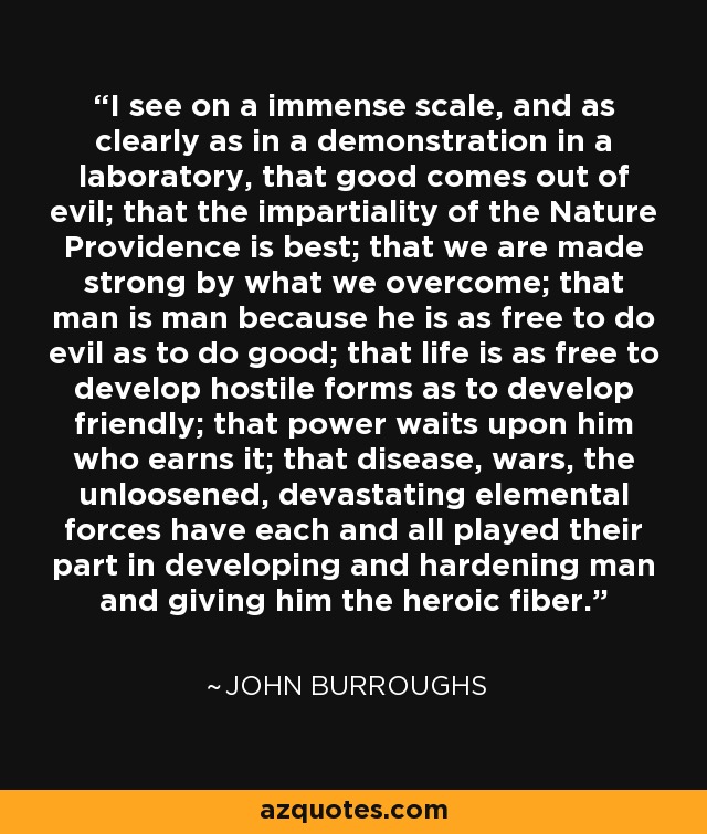 I see on a immense scale, and as clearly as in a demonstration in a laboratory, that good comes out of evil; that the impartiality of the Nature Providence is best; that we are made strong by what we overcome; that man is man because he is as free to do evil as to do good; that life is as free to develop hostile forms as to develop friendly; that power waits upon him who earns it; that disease, wars, the unloosened, devastating elemental forces have each and all played their part in developing and hardening man and giving him the heroic fiber. - John Burroughs