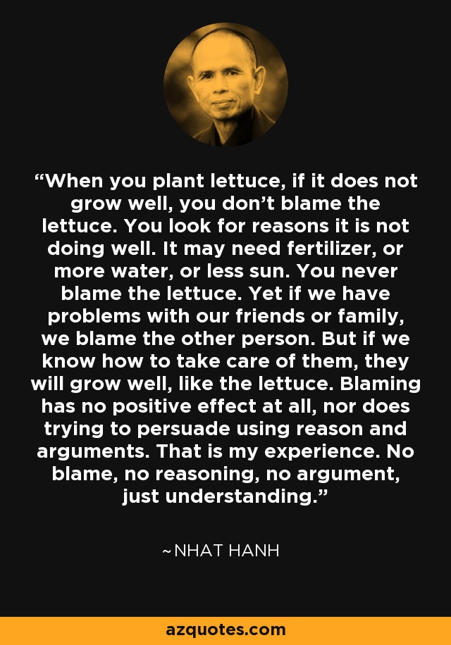 When you plant lettuce, if it does not grow well, you don't blame the lettuce. You look for reasons it is not doing well. It may need fertilizer, or more water, or less sun. You never blame the lettuce. Yet if we have problems with our friends or family, we blame the other person. But if we know how to take care of them, they will grow well, like the lettuce. Blaming has no positive effect at all, nor does trying to persuade using reason and arguments. That is my experience. No blame, no reasoning, no argument, just understanding. - Nhat Hanh