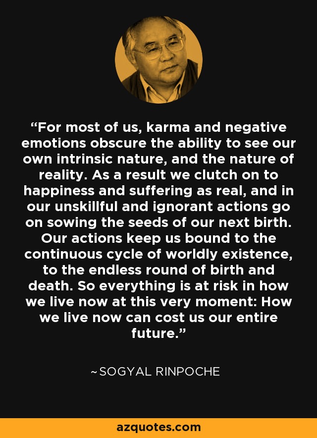 For most of us, karma and negative emotions obscure the ability to see our own intrinsic nature, and the nature of reality. As a result we clutch on to happiness and suffering as real, and in our unskillful and ignorant actions go on sowing the seeds of our next birth. Our actions keep us bound to the continuous cycle of worldly existence, to the endless round of birth and death. So everything is at risk in how we live now at this very moment: How we live now can cost us our entire future. - Sogyal Rinpoche