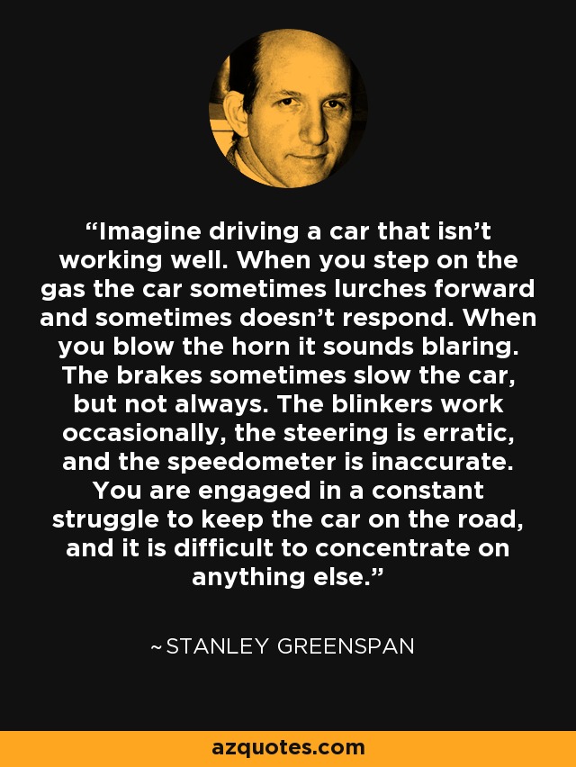 Imagine driving a car that isn't working well. When you step on the gas the car sometimes lurches forward and sometimes doesn't respond. When you blow the horn it sounds blaring. The brakes sometimes slow the car, but not always. The blinkers work occasionally, the steering is erratic, and the speedometer is inaccurate. You are engaged in a constant struggle to keep the car on the road, and it is difficult to concentrate on anything else. - Stanley Greenspan
