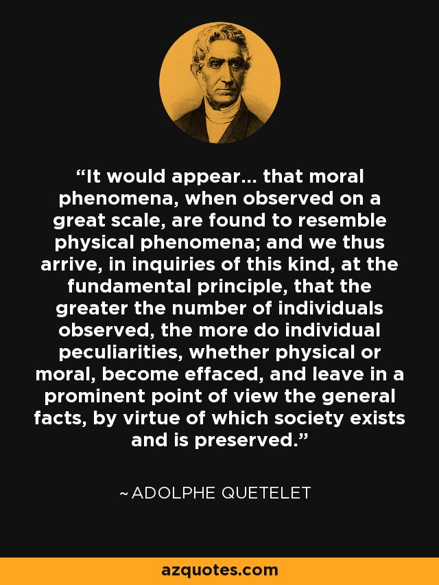 It would appear... that moral phenomena, when observed on a great scale, are found to resemble physical phenomena; and we thus arrive, in inquiries of this kind, at the fundamental principle, that the greater the number of individuals observed, the more do individual peculiarities, whether physical or moral, become effaced, and leave in a prominent point of view the general facts, by virtue of which society exists and is preserved. - Adolphe Quetelet