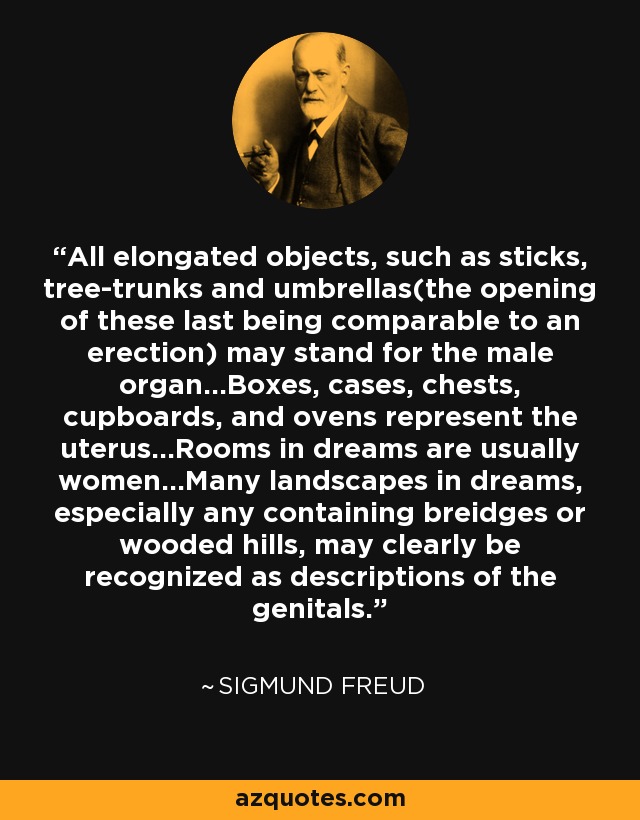 All elongated objects, such as sticks, tree-trunks and umbrellas(the opening of these last being comparable to an erection) may stand for the male organ...Boxes, cases, chests, cupboards, and ovens represent the uterus...Rooms in dreams are usually women...Many landscapes in dreams, especially any containing breidges or wooded hills, may clearly be recognized as descriptions of the genitals. - Sigmund Freud